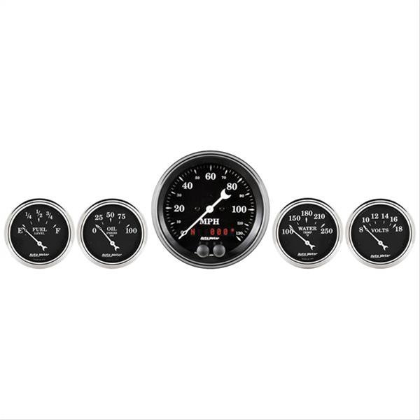 Auto Meter Gauge Kit 5 pc. 3 3/8in & 2 1/16in GPS Speedometer Old Tyme Black