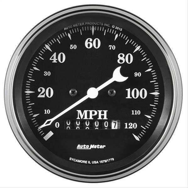Auto Meter Gauge Speedo. 3 3/8in 120mph Elec. Prog. w/ Wheel Odo Old Tyme Black