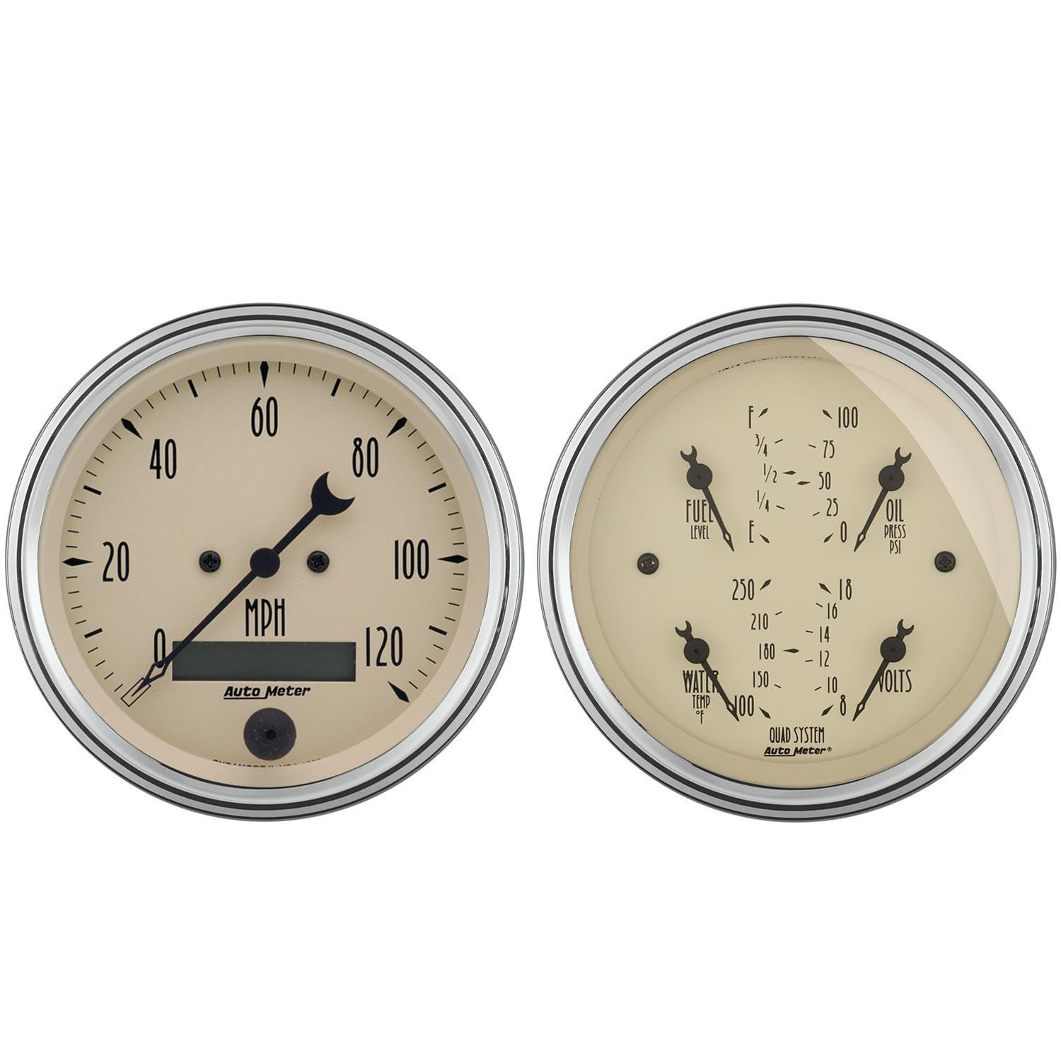 AutoMeter Gauge Kit 2 Pc. Quad & Speedometer 3-3/8in. Antique Beige thumbnail 4