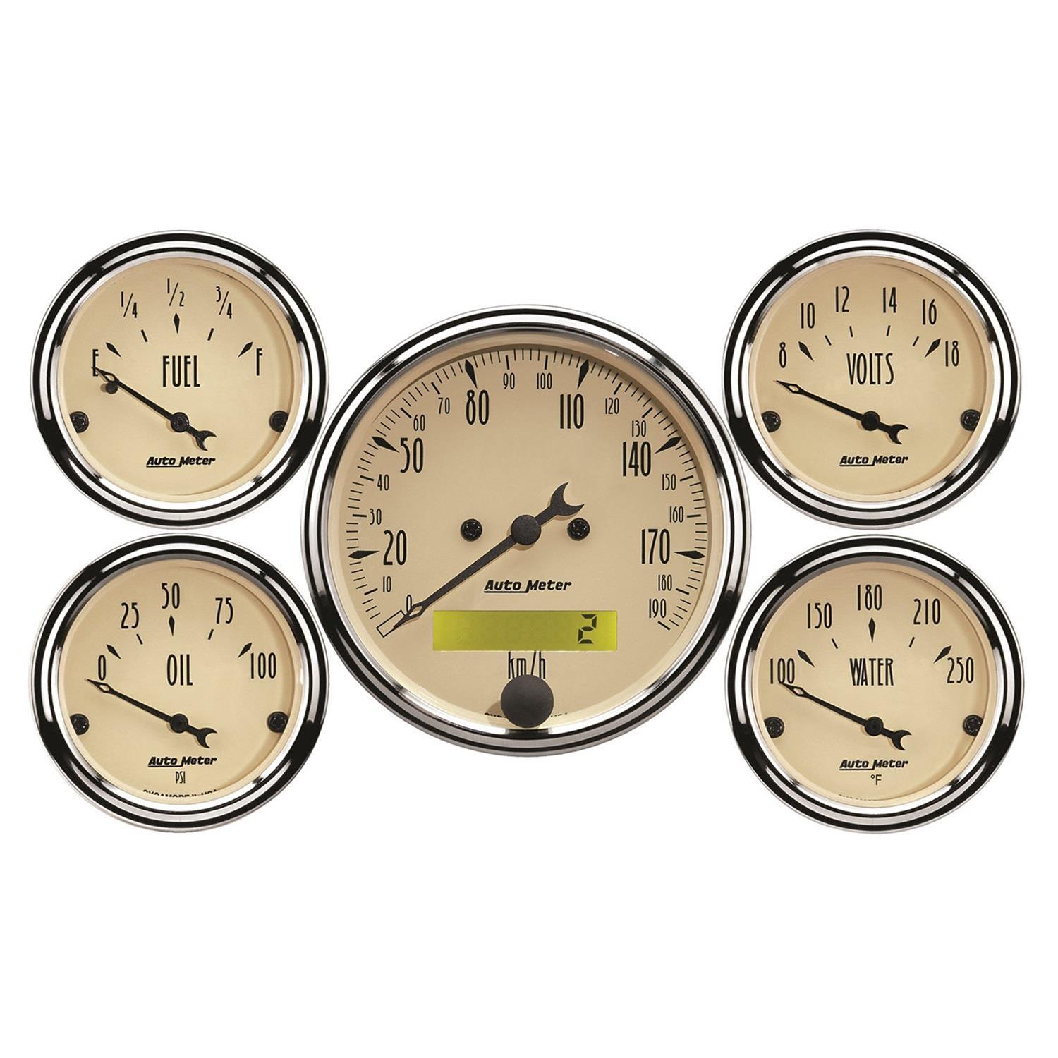 Autometer Antique Beige 5-Gauge Kit 3-1/8in Electrical Speedometer 190KPH thumbnail 2