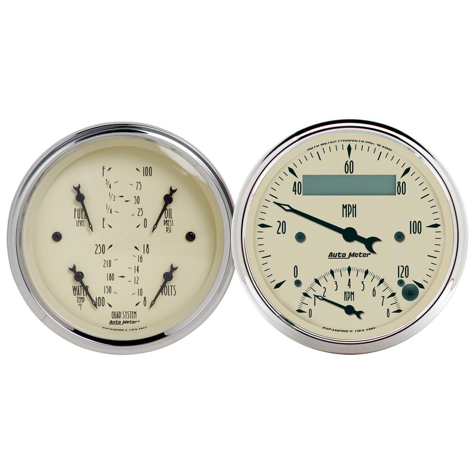 AutoMeter Gauge Kit 2 Pc. Quad & Tach/Speedo 3-3/8in. Antique Beige thumbnail 4