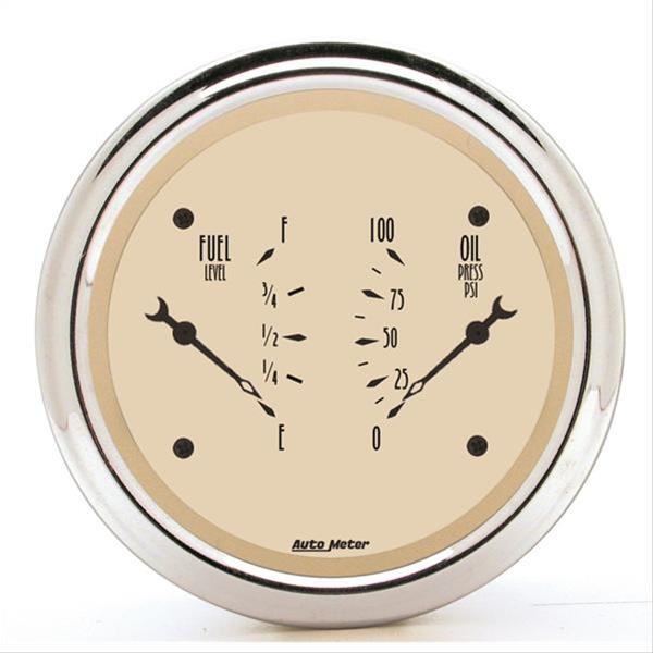 AutoMeter Gauge Dual Fuel & Oilp 3-3/8in. 0 Ohm(e) to 90 Ohm(f)& 100PSI Elec Antique Beige