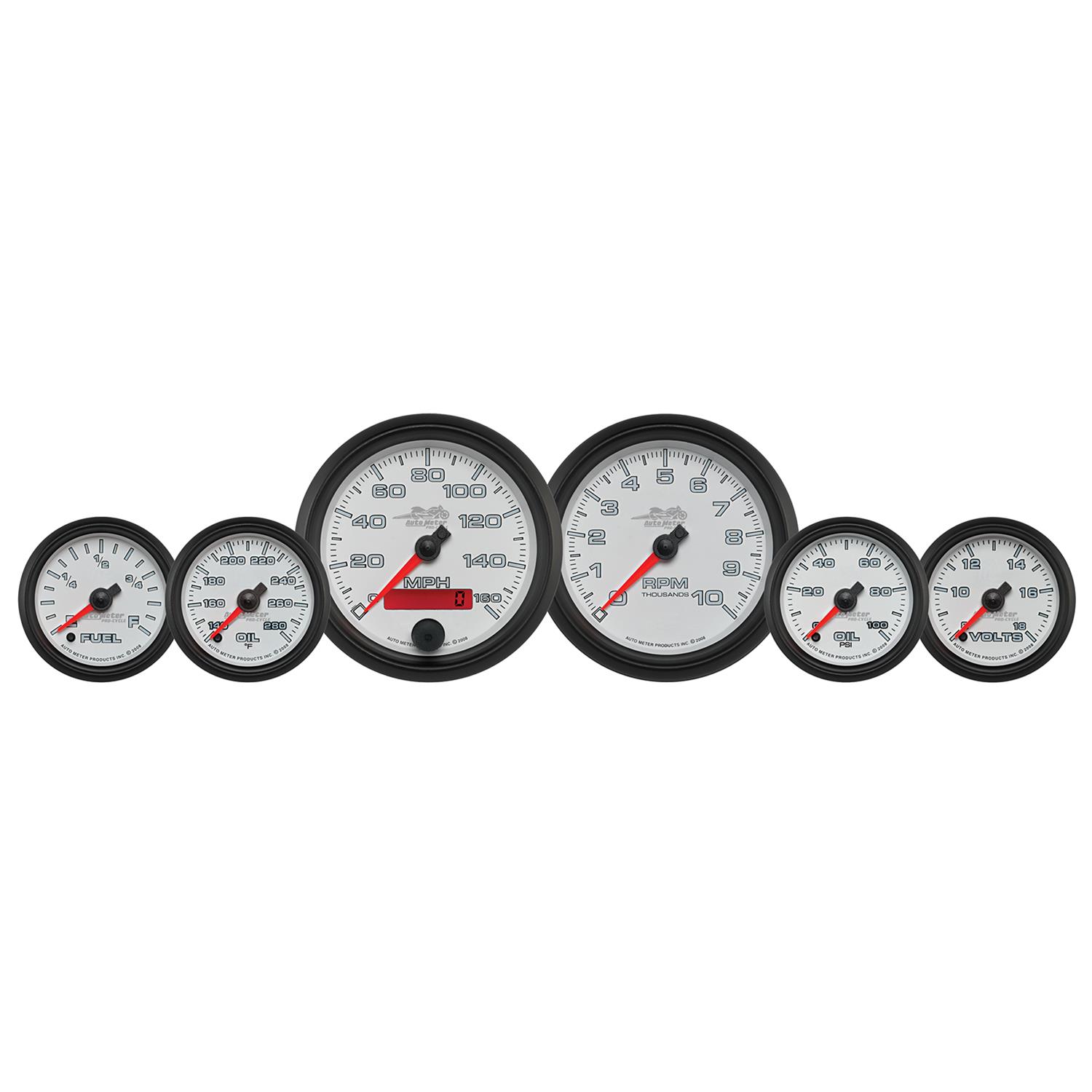 Autometer Pro-Cycle Gauge Kit 6 Pc. Kit 3 3/8in & 2 1/16in Bagger White thumbnail 2