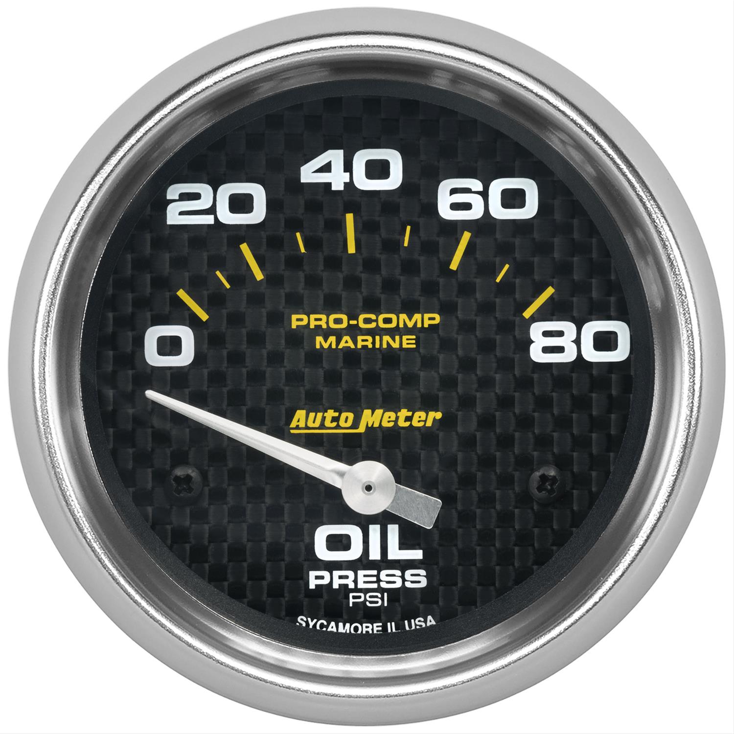 AutoMeter Pro-Comp Marine Carbon Fiber Analog Gauges 200747-40 Gauge, Marine, Oil Pressure, 2 5/8 in., 0-80 psi, Short Sweep, Face, Silver Pointer, Silver Bezel, Electrical, Each