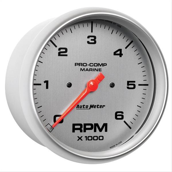 AutoMeter Pro-Comp Marine Tachometer Gauges 200750-33 Gauge, Marine, Tachometer, 5 in., 0-6,000 rpm, Full Sweep, Silver Face, Red Pointer, Silver Bezel, Electrical, Each