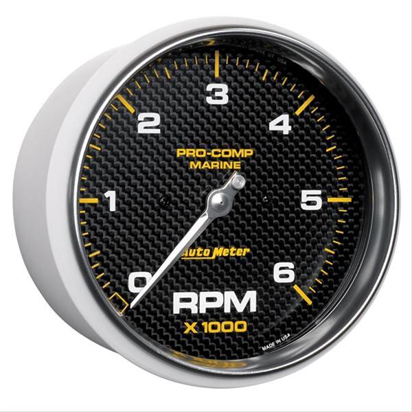 AutoMeter Pro-Comp Marine Tachometer Gauges 200750-40 Gauge, Marine, Tachometer, 5 in., 0-6,000 rpm, Full Sweep, Carbon Fiber Face, Silver Pointer, Silver Bezel, Electrical, Each