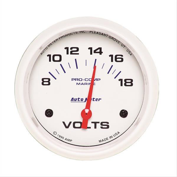 AutoMeter Pro-Comp Marine Analog Gauges 200757 Gauge, Marine, Voltmeter, 2 5/8 in., 8-18 Volts, Short Sweep, White Face, Red Pointer, White Bezel, Electrical, Each