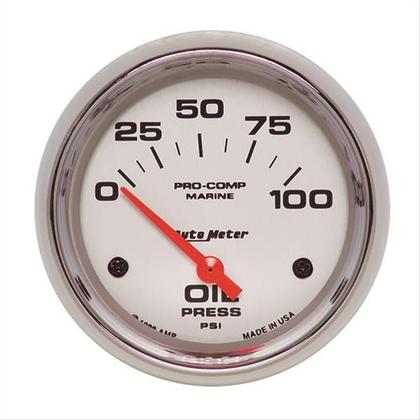 AutoMeter Pro-Comp Marine Analog Gauges 200759-35 Gauge, Marine, Oil Pressure, 2 5/8 in., 0-100 psi, Short Sweep, Silver Face, Red Pointer, Chrome Bezel, Electrical, Each