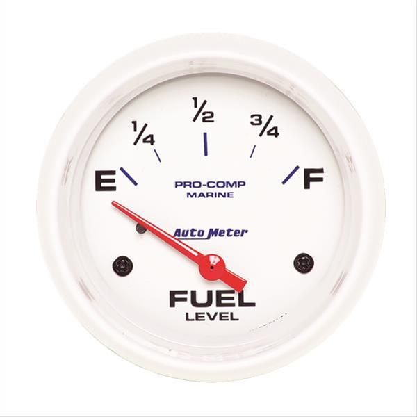 AutoMeter Pro-Comp Marine Analog Gauges 200761 Gauge, Marine, Fuel Level, 2 5/8 in., 240 ohms/33 ohms, Short Sweep, White Face, Red Pointer, White Bezel, Electrical, Each
