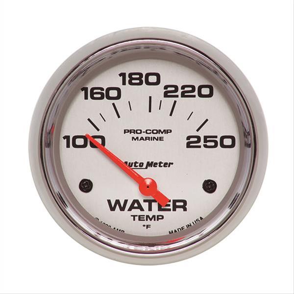 AutoMeter Pro-Comp Marine Analog Gauges 200763-35 Gauge, Marine, Water Tempurature, 2 5/8 in., 100-250 degrees F, Short Sweep, Silver Face, Red Pointer, Silver Bezel, Electrical, Each