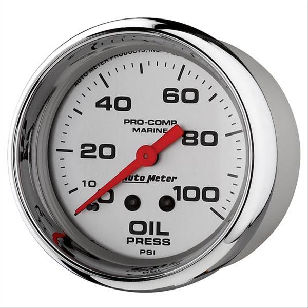 AutoMeter Pro-Comp Marine Analog Gauges 200777-35 Gauge, Marine, Oil Pressure, 2 5/8 in., 0-100 psi, Full Sweep, Silver Face, Red Pointer, Chrome Bezel, Mechanical, Each thumbnail 2