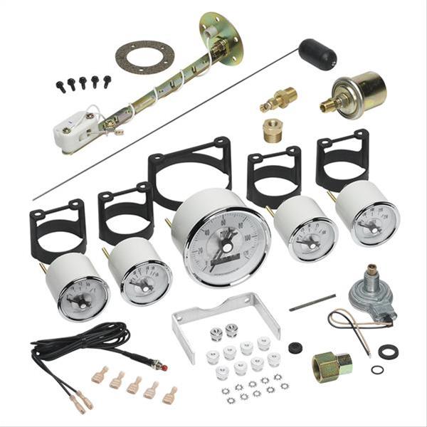 AutoMeter Prestige Analog Gauge Kits 2007 Kits, Analog, 5-piece, Fuel Level, Oil Pressure, Speedometer, Voltmeter, Water Temperature, White Face, Chrome Bezel, Electronic, Kit