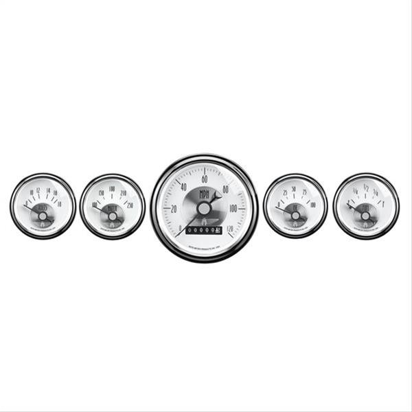 AutoMeter Prestige Analog Gauge Kits 2007 Kits, Analog, 5-piece, Fuel Level, Oil Pressure, Speedometer, Voltmeter, Water Temperature, White Face, Chrome Bezel, Electronic, Kit thumbnail 2
