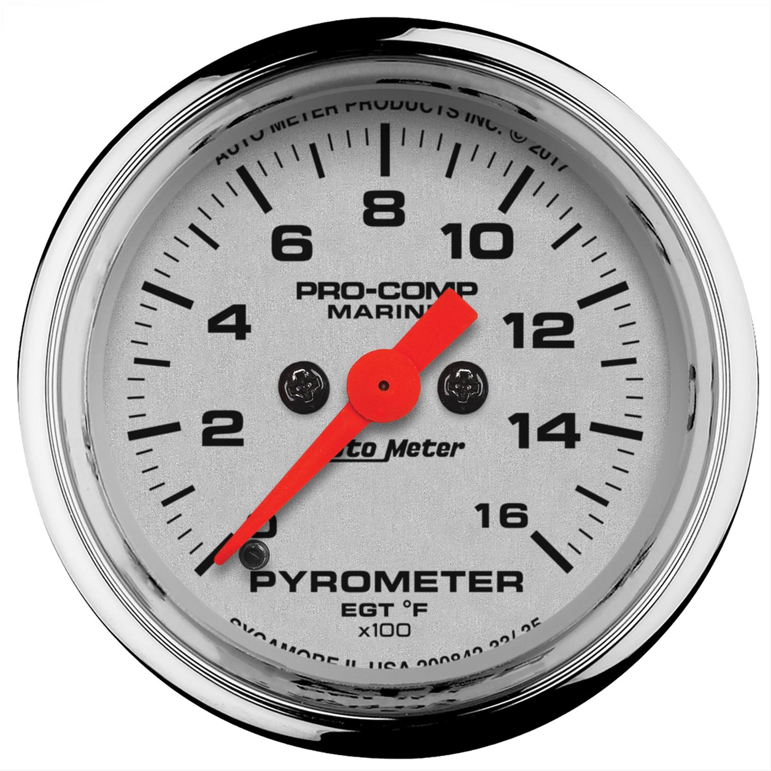 AutoMeter Pro-Comp Marine Analog Gauges 200842-35 Gauge, Marine, EGT/Pyrometer, 2 1/16 in., 0-1,600 degrees F, Full Sweep, Silver Face, Red Pointer, Chrome Bezel, Electrical, Each