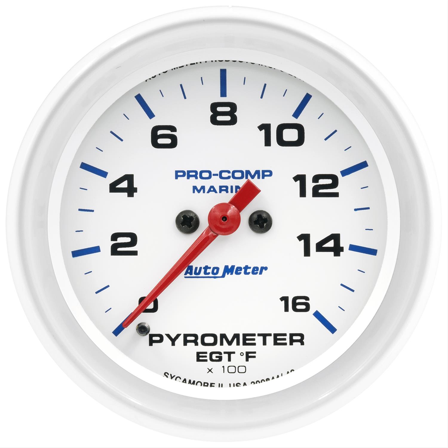 AutoMeter Pro-Comp Marine Analog Gauges 200844 Gauge, Marine, EGT/Pyrometer, 2 5/8 in., 0-1,600 degrees F, Full Sweep, White Face, Red Pointer, White Bezel, Electrical, Each