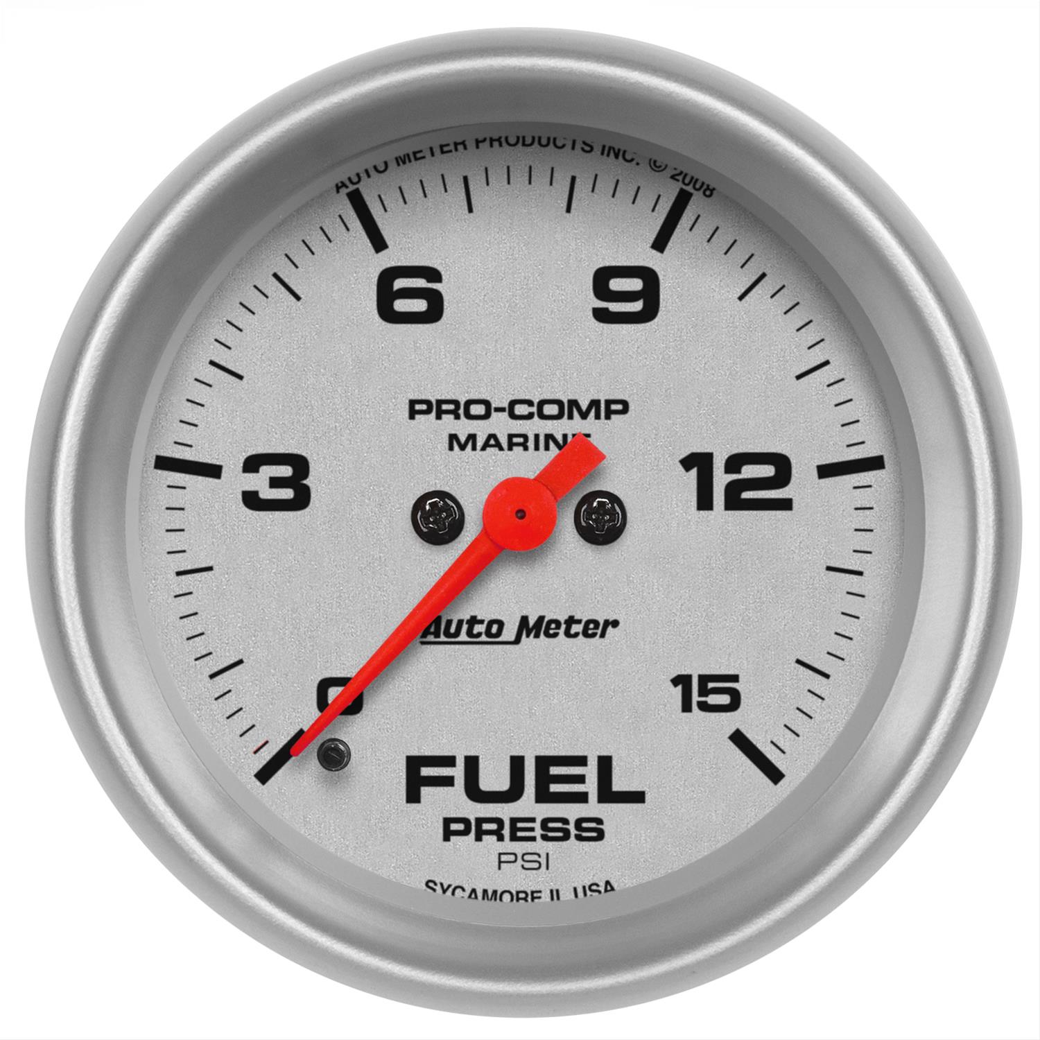 AutoMeter Pro-Comp Marine Analog Gauges 200849-33 Gauge, Marine, Fuel Pressure, 2 5/8 in., 0-15 psi, Full Sweep, Silver Face, Red Pointer, Silver Bezel, Electrical, Each