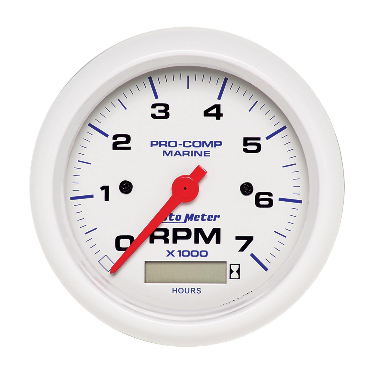 AutoMeter Pro-Comp Marine Tachometer Gauges 200890 Gauge, Marine, With Hour Meter, 3 3/8 in., 0-7,000 rpm, Full Sweep, White Face, Red Pointer, White Bezel, Electrical, Each