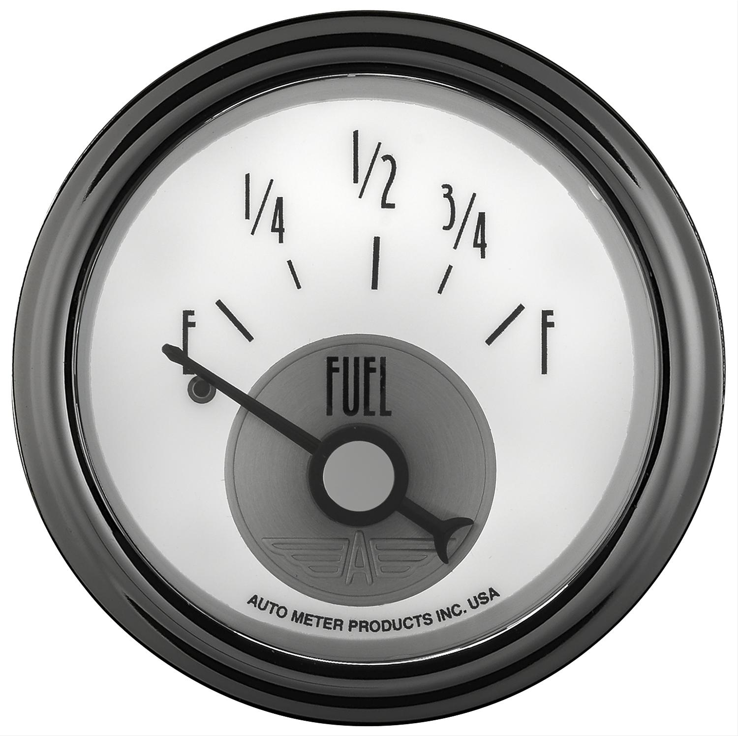 AutoMeter Prestige Analog Gauges 2015 Gauge, Prestige, Fuel Level, 2 1/16 in., 0 ohms/90 ohms, Short Sweep, White Face, Black Pointer, Chrome Bezel, Electrical, Each