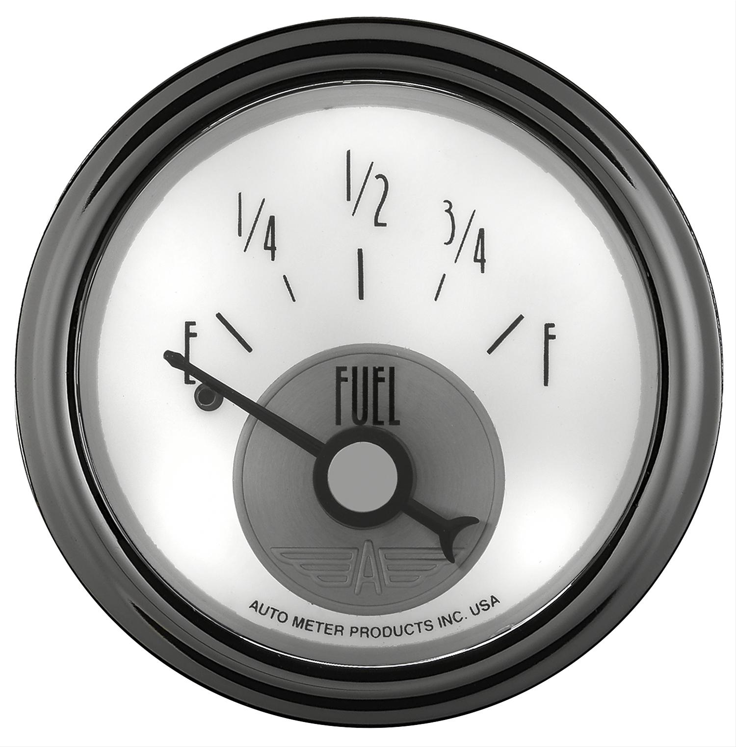 AutoMeter Prestige Analog Gauges 2018 Gauge, Prestige, Fuel Level, 2 1/16 in., 240 ohms/33 ohms, Short Sweep, White Face, Black Pointer, Chrome Bezel, Electrical, Each