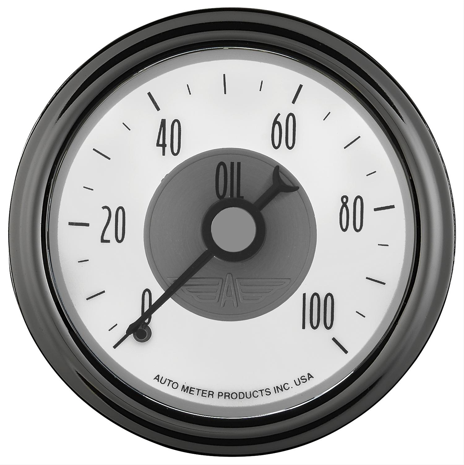 AutoMeter Prestige Analog Gauges 2023 Gauge, Prestige, Oil Pressure, 2 1/16 in., 0-100 psi, Full Sweep, White Face, Black Pointer, Chrome Bezel, Mechanical, Each
