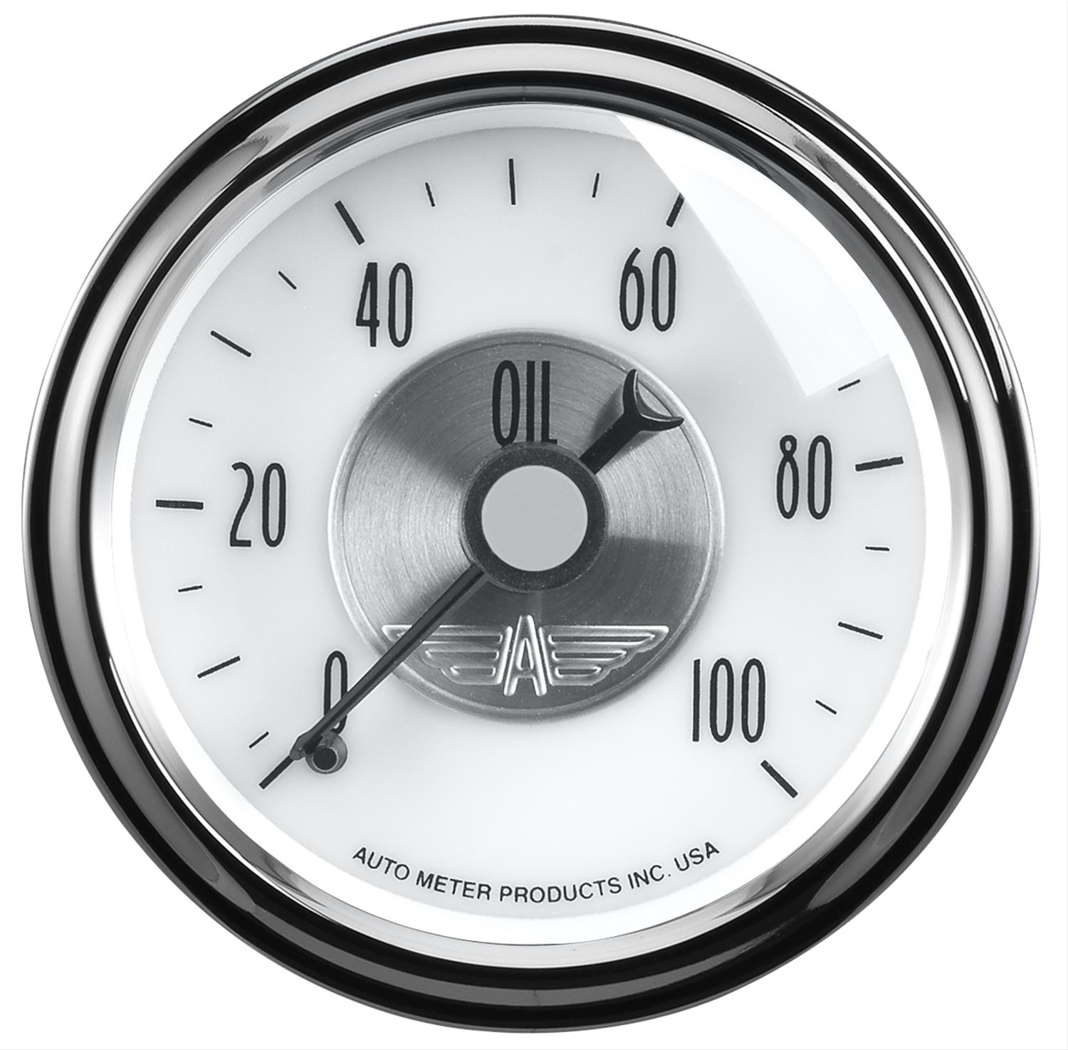 AutoMeter Prestige Analog Gauges 2023 Gauge, Prestige, Oil Pressure, 2 1/16 in., 0-100 psi, Full Sweep, White Face, Black Pointer, Chrome Bezel, Mechanical, Each thumbnail 2