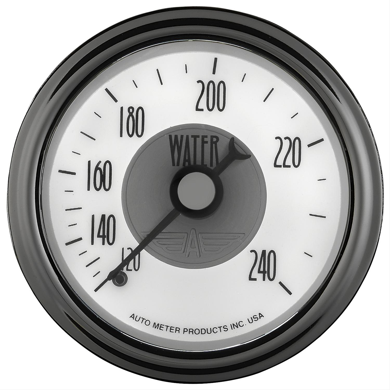 AutoMeter Prestige Analog Gauges 2031 Gauge, Prestige, Water Tempurature, 2 1/16 in., 120-240 degree F, Full Sweep, White Face, Black Pointer, Chrome Bezel, Electrical, Each thumbnail 2