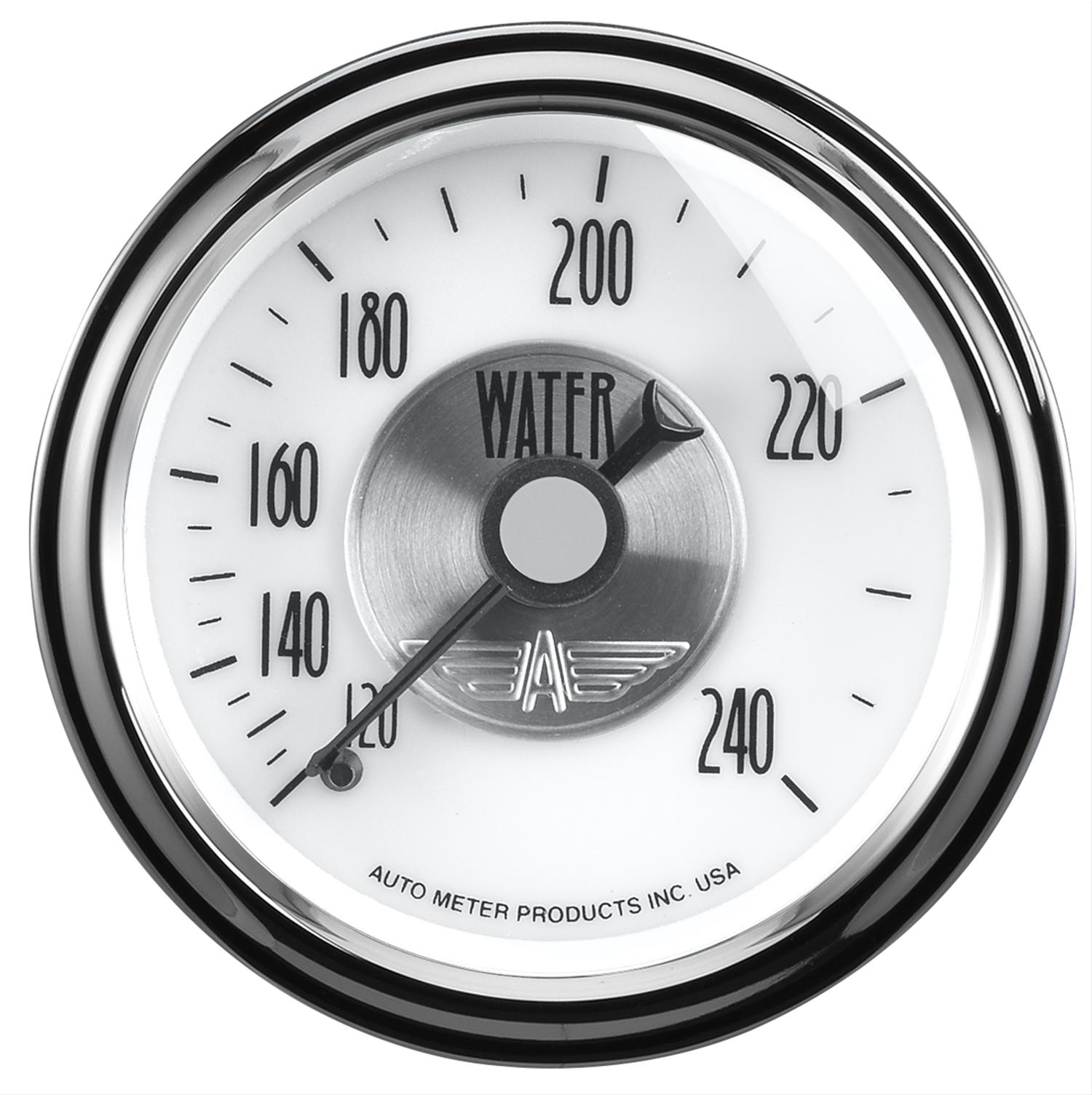 AutoMeter Prestige Analog Gauges 2031 Gauge, Prestige, Water Tempurature, 2 1/16 in., 120-240 degree F, Full Sweep, White Face, Black Pointer, Chrome Bezel, Electrical, Each