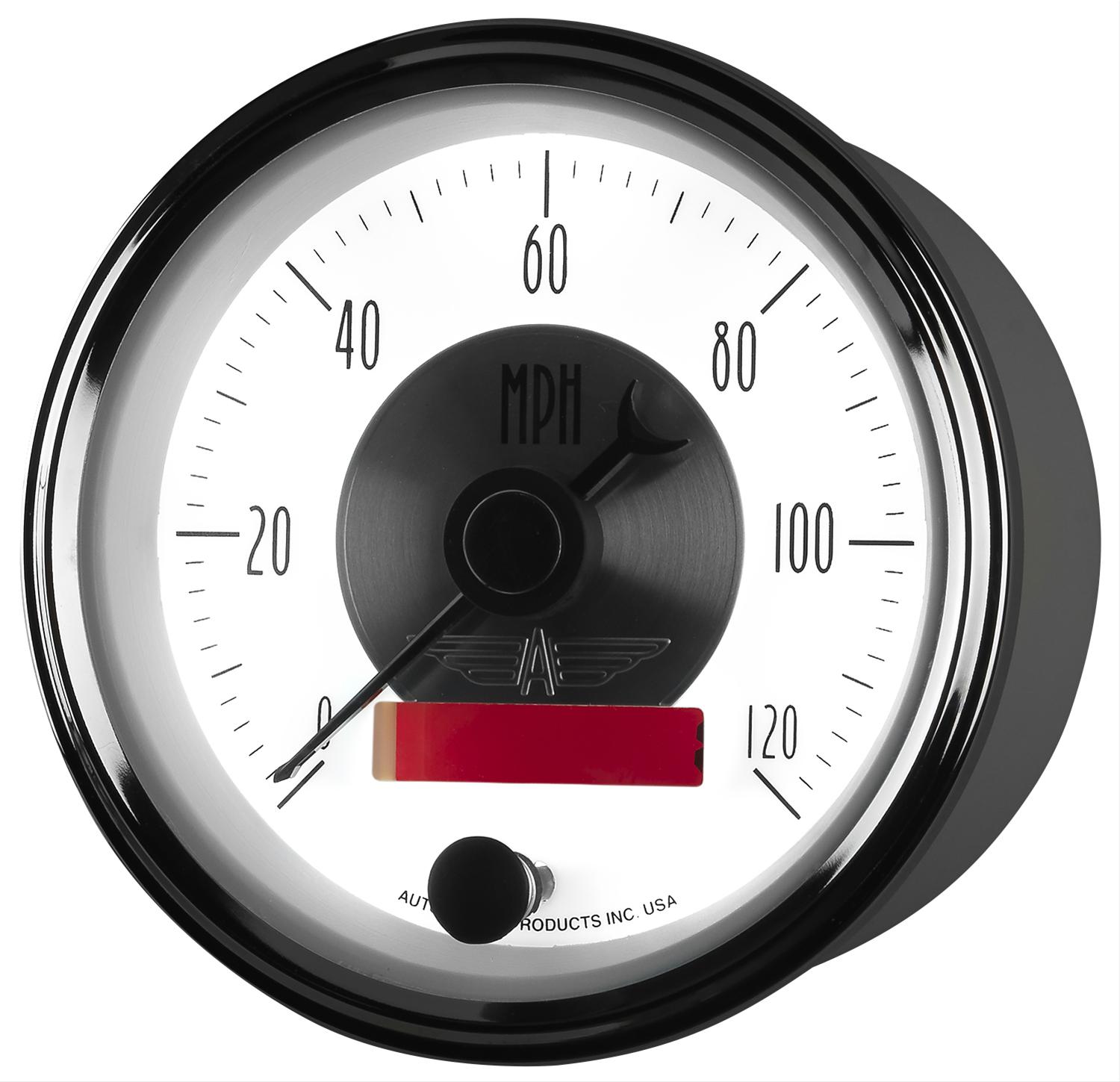 AutoMeter Prestige Analog Speedometers 2084 Gauges, Speedometer, 0-120 mph, 3 3/8 in., White Face, Black Numbers, Chrome Bezel, Electrical, Each thumbnail 5