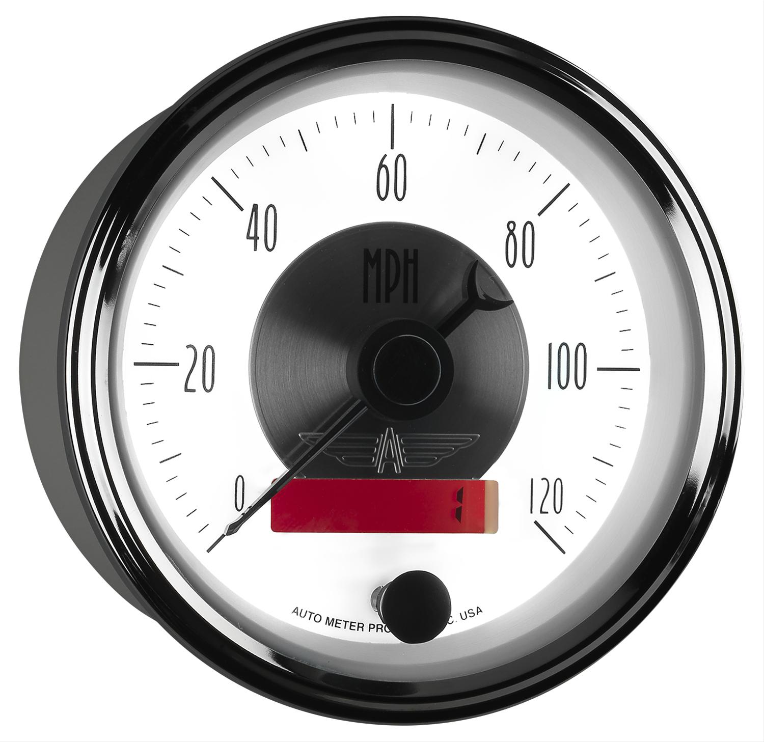 AutoMeter Prestige Analog Speedometers 2084 Gauges, Speedometer, 0-120 mph, 3 3/8 in., White Face, Black Numbers, Chrome Bezel, Electrical, Each thumbnail 3