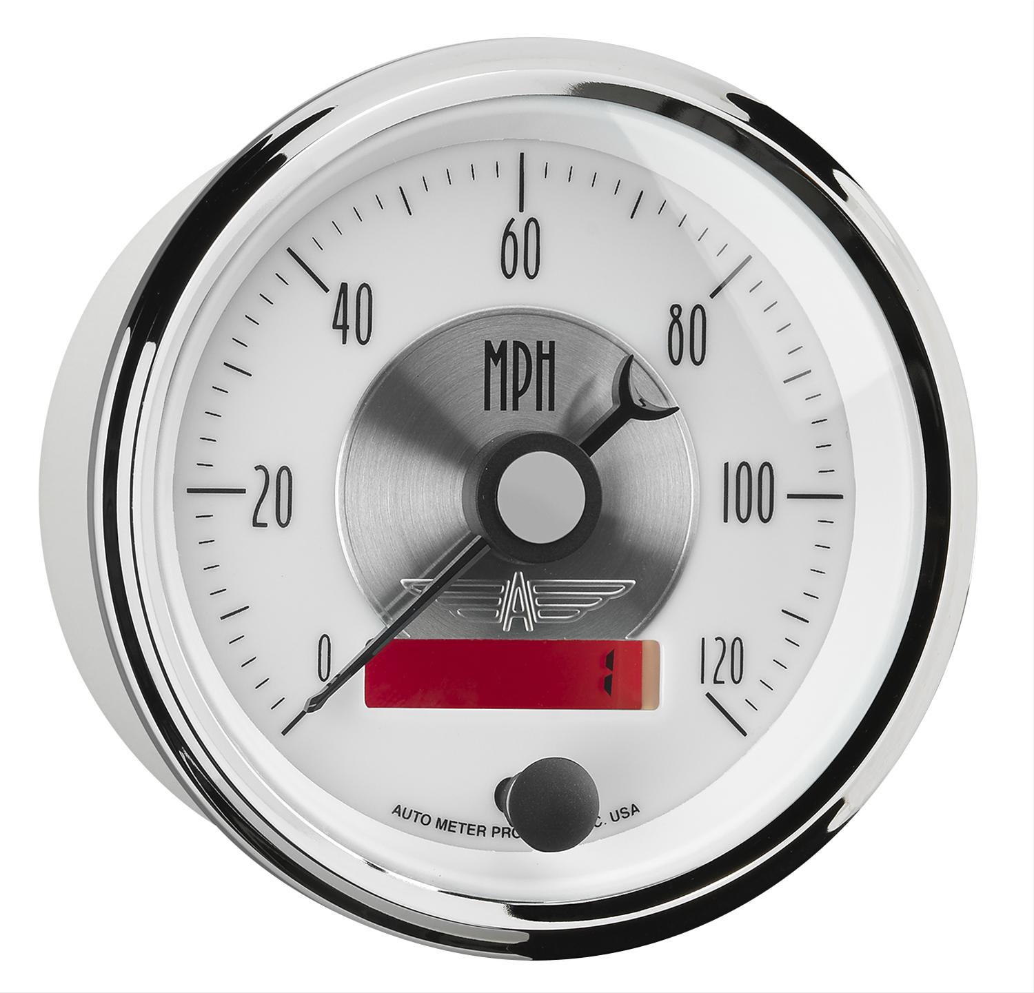 AutoMeter Prestige Analog Speedometers 2084 Gauges, Speedometer, 0-120 mph, 3 3/8 in., White Face, Black Numbers, Chrome Bezel, Electrical, Each thumbnail 6