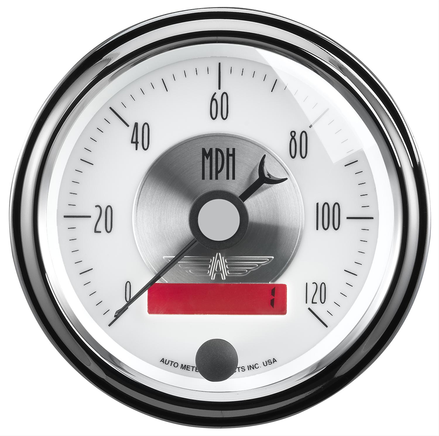 AutoMeter Prestige Analog Speedometers 2084 Gauges, Speedometer, 0-120 mph, 3 3/8 in., White Face, Black Numbers, Chrome Bezel, Electrical, Each thumbnail 2