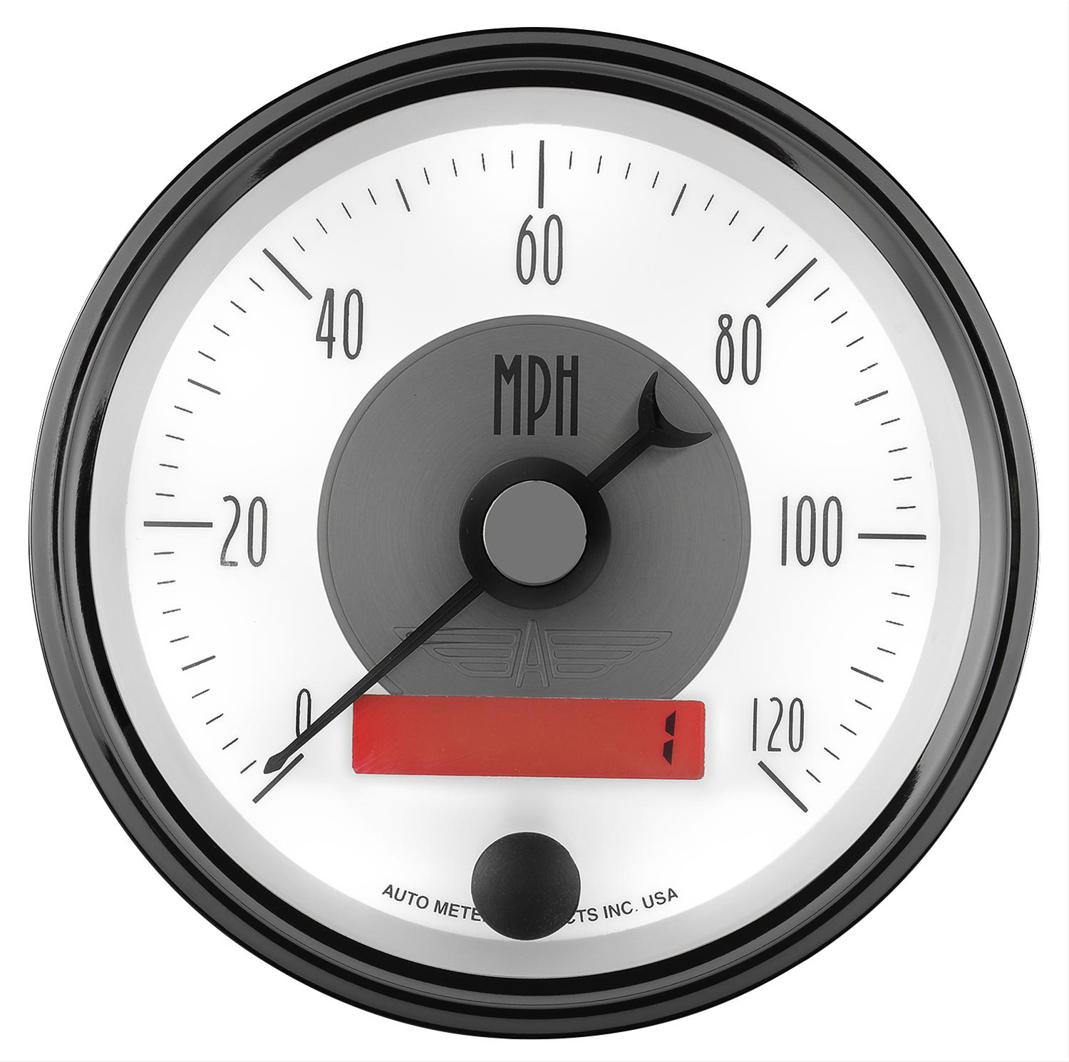 AutoMeter Prestige Analog Speedometers 2084 Gauges, Speedometer, 0-120 mph, 3 3/8 in., White Face, Black Numbers, Chrome Bezel, Electrical, Each