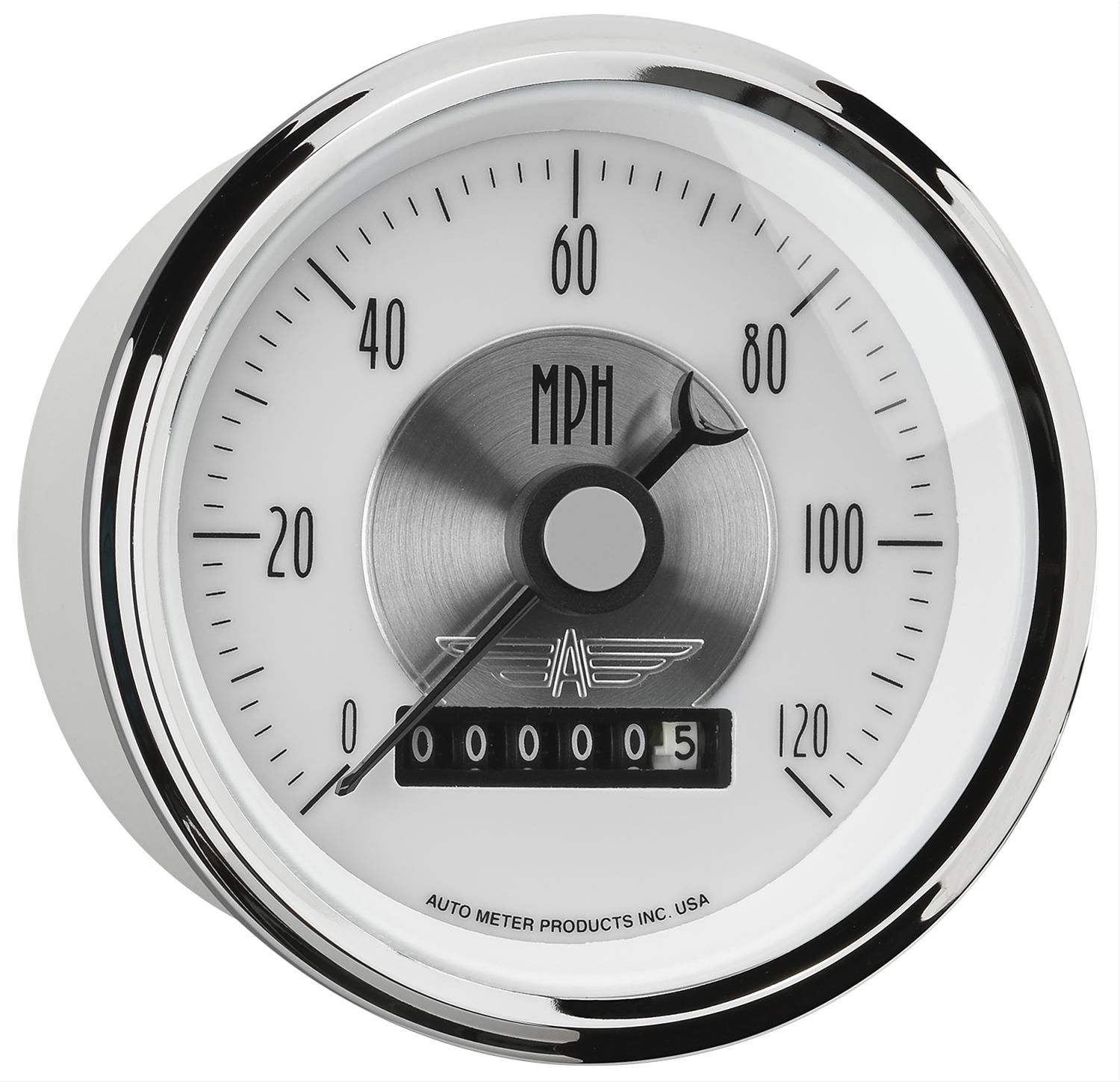 AutoMeter Prestige Analog Speedometers 2085 Gauges, Speedometer, 0-120 mph, 3 3/8 in., White Face, Black Numbers, Chrome Bezel, Electrical, Each thumbnail 3