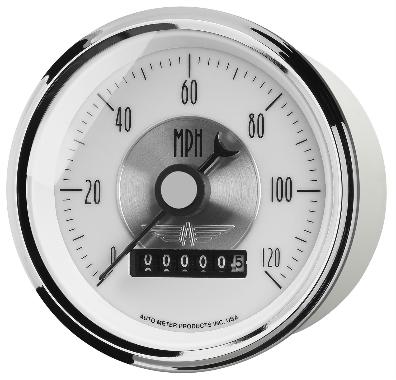 AutoMeter Prestige Analog Speedometers 2085 Gauges, Speedometer, 0-120 mph, 3 3/8 in., White Face, Black Numbers, Chrome Bezel, Electrical, Each thumbnail 5