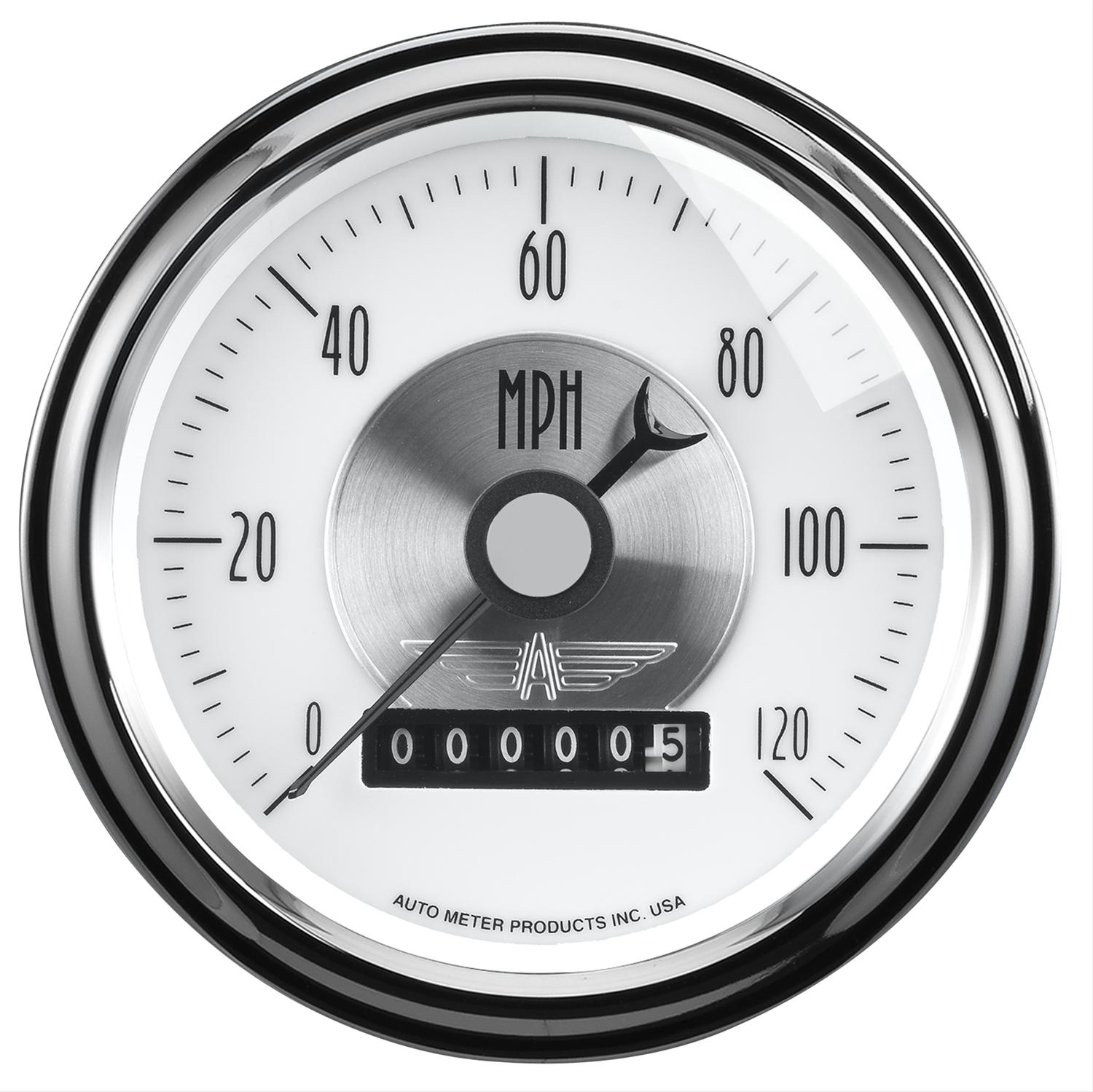 AutoMeter Prestige Analog Speedometers 2085 Gauges, Speedometer, 0-120 mph, 3 3/8 in., White Face, Black Numbers, Chrome Bezel, Electrical, Each thumbnail 2
