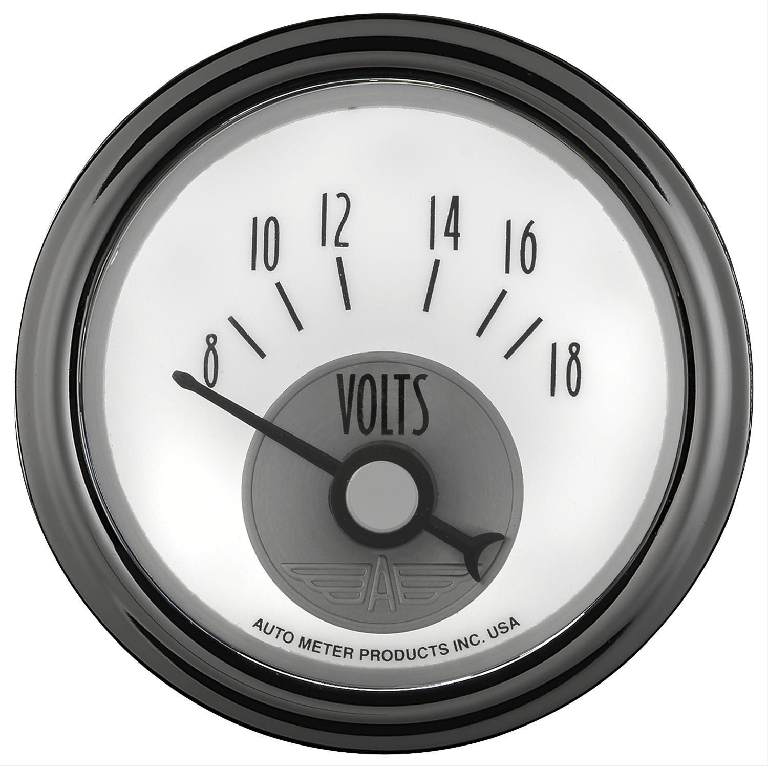 AutoMeter Prestige Analog Gauges 2094 Gauges, Gauges, Voltmeter, 8-18 V, 2 1/16 in., White Face, Black Numbers, Chrome Bezel, Electrical, Each