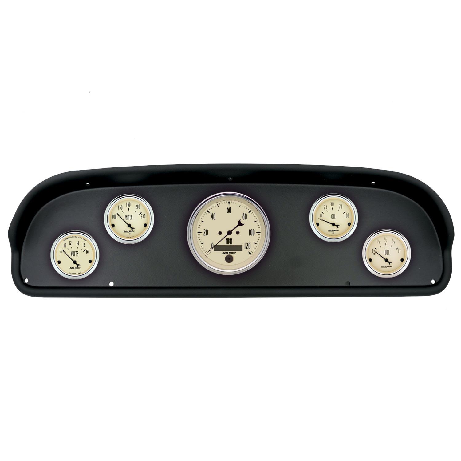 AutoMeter Antique Beige Instrument Clusters for 1957-1960 F-100, F-250, F-350 - 2100-02 Gauge Kit, Series, Analog, Speedometer, Oil, Water, Volts, Fuel, Black Numbers and Pointers, Black Panel, Ford, F100, Kit