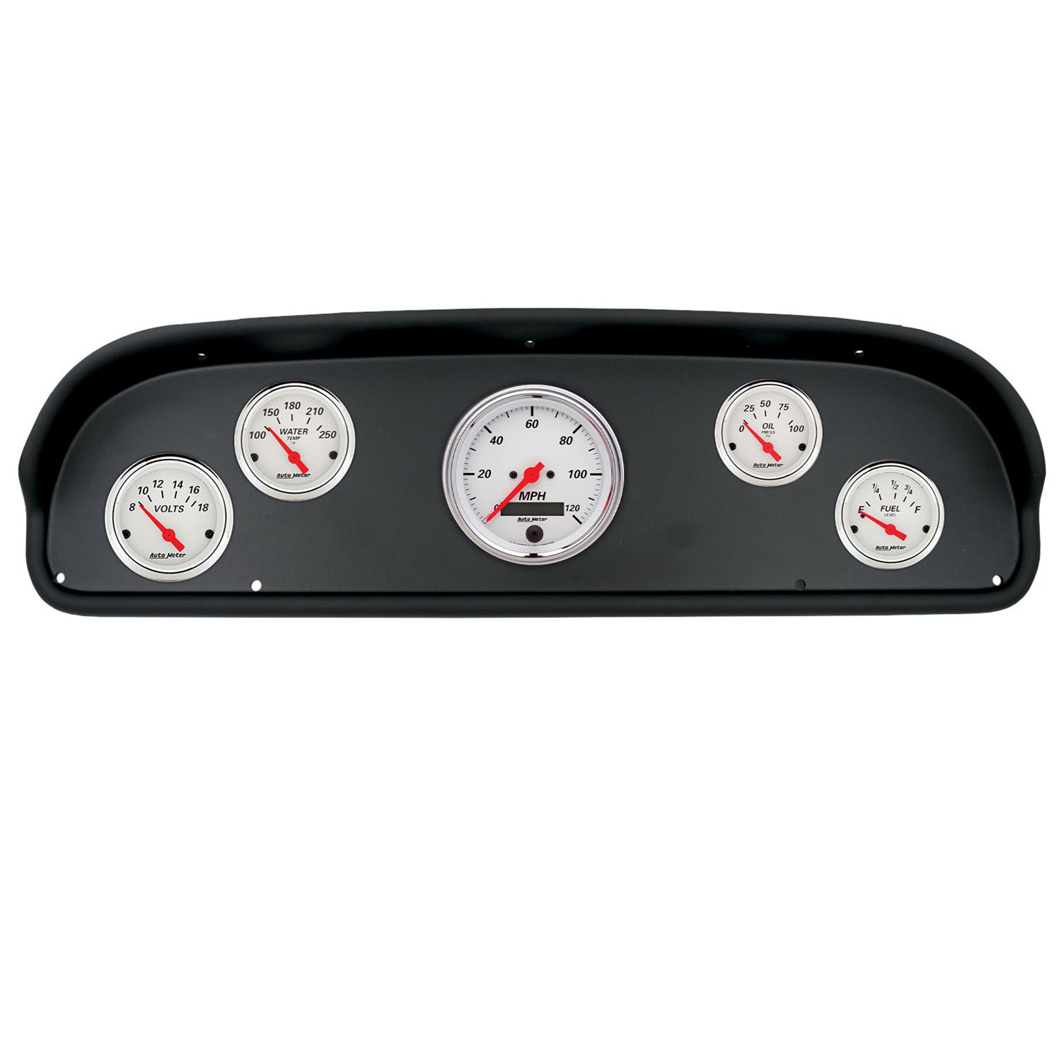 AutoMeter Arctic White Instrument Clusters for 1957-1960 F-100, F-250, F-350 - 2100-03 Gauge Kit, Series, Analog, Speedometer, Oil, Water, Volts, Fuel, Black Numbers, Red Pointers, Black Panel, Ford, F100, Kit