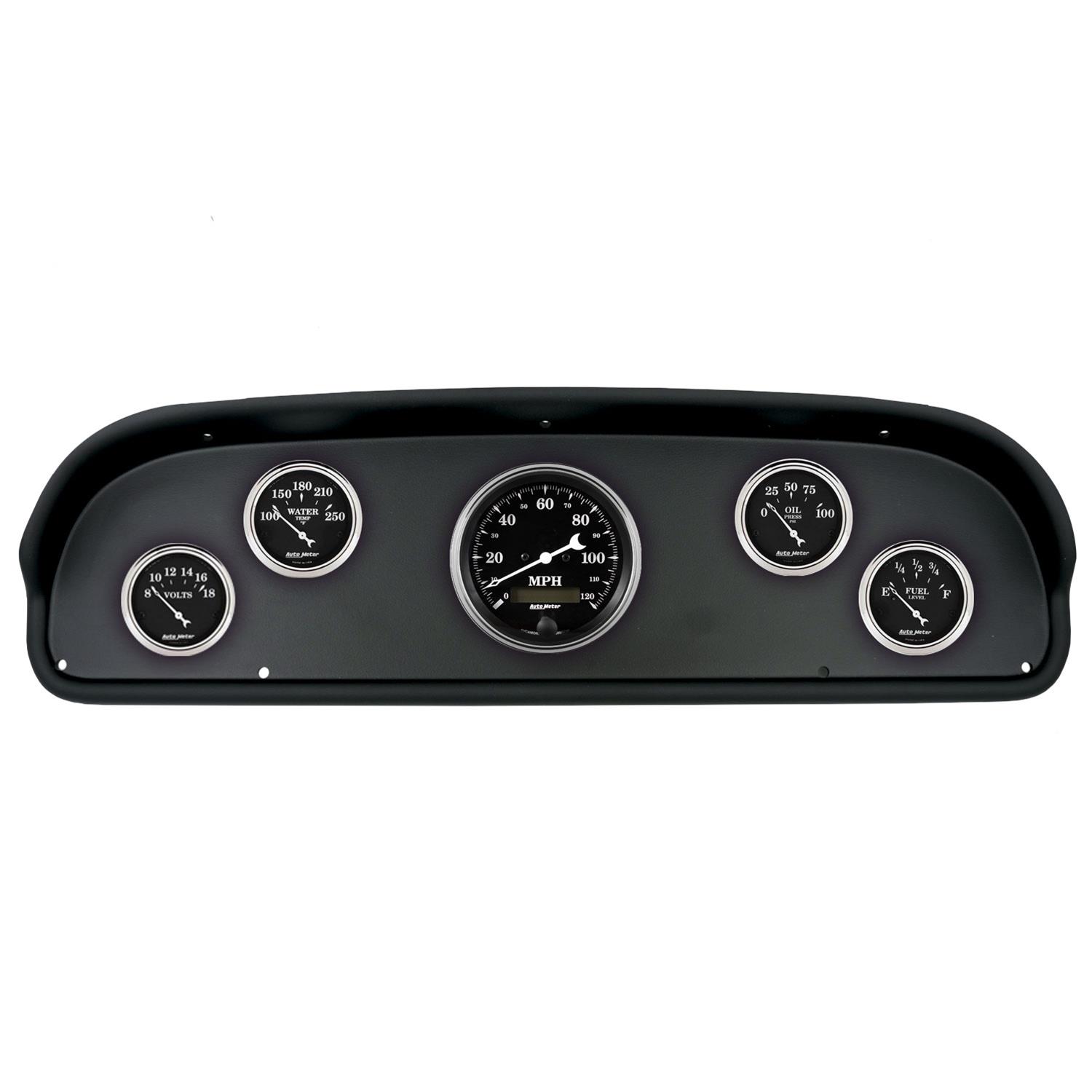 AutoMeter Old Tyme Black Series Instrument Clusters for 1957-1960 F-100, F-250, F-350 - 2100-07 Gauge Kit, Black, Analog, Speedometer, Oil, Water, Volts, Fuel, White Numbers and Pointers, Panel, Ford, F100, Kit