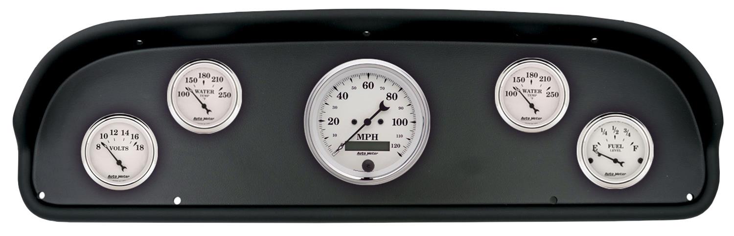 AutoMeter Old Tyme White Series Instrument Clusters for 1957-1960 F-100, F-250, F-350 - 2100-08 Gauge Kit, White, Analog, Speedometer, Oil, Water, Volts, Fuel, Black Numbers and Pointers, Black Panel, Ford, F100, Kit