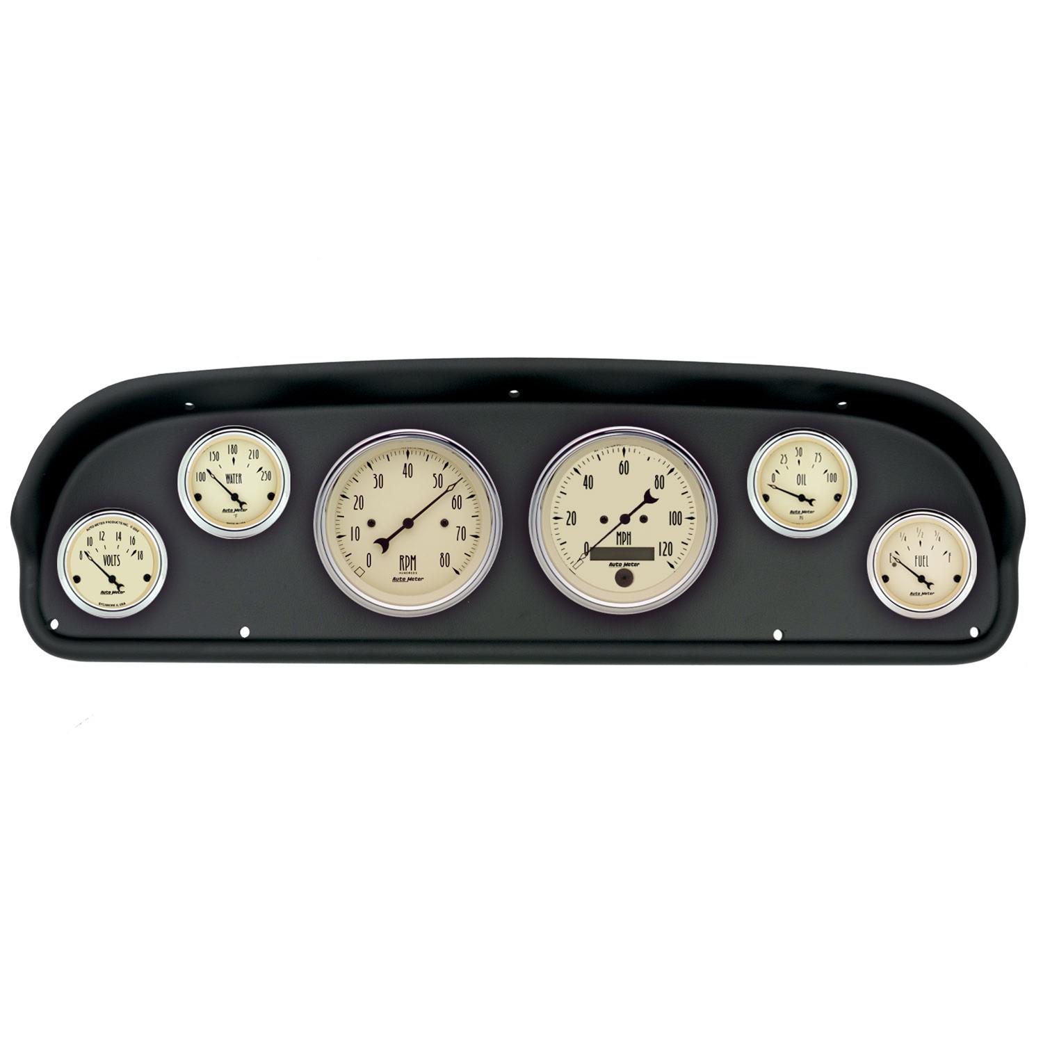 AutoMeter Antique Beige Instrument Clusters for 1957-1960 F-100, F-250, F-350 - 2101-02 Gauge Kit, Series, Analog, Speedometer, Tach, Oil, Water, Volts, Fuel, Black Numbers and Pointers, Black Panel, Ford, F100, Kit