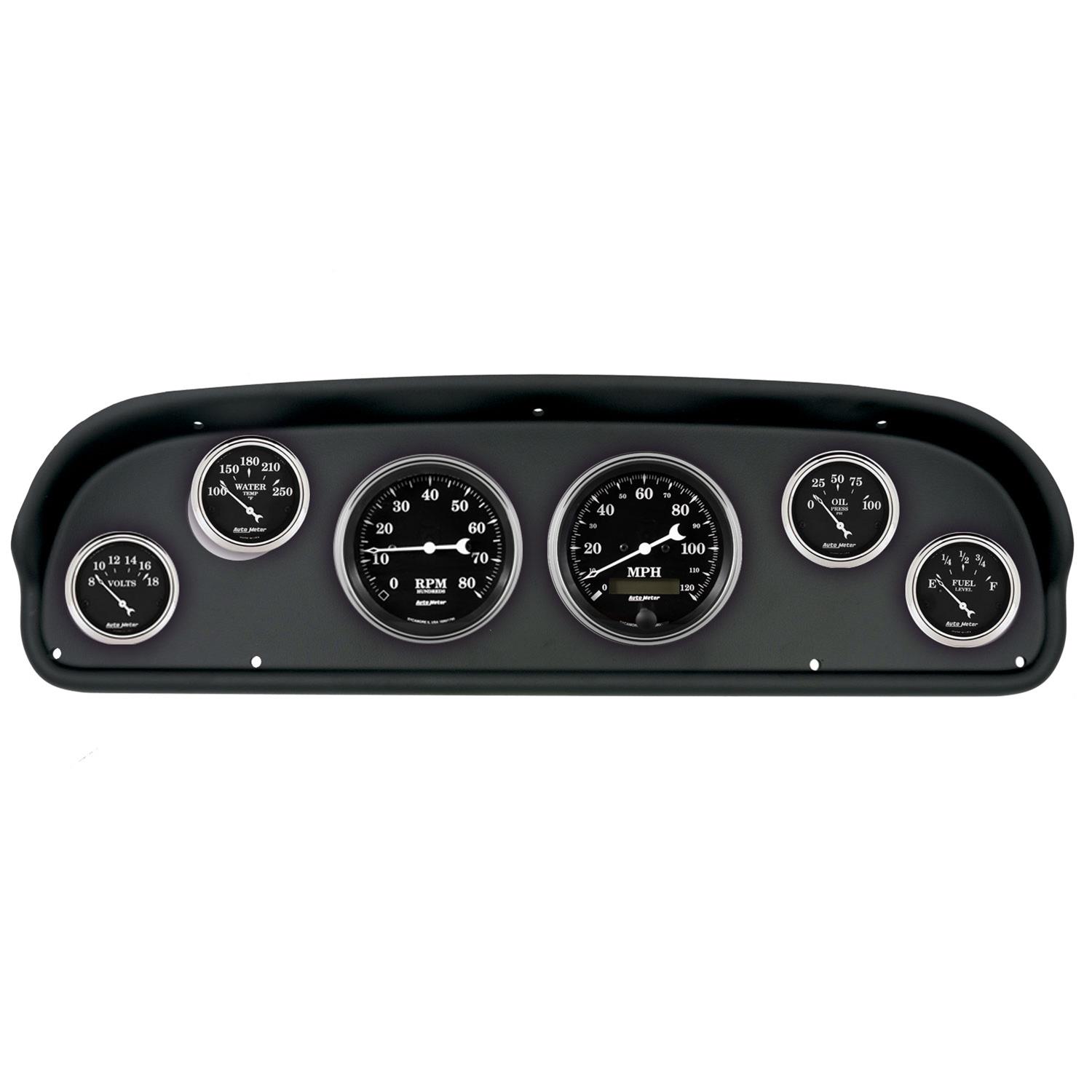 AutoMeter Old Tyme Black Series Instrument Clusters for 1957-1960 F-100, F-250, F-350 - 2101-07 Gauge Kit, Black, Analog, Speedometer, Tach, Oil, Water, Volts, Fuel, White Numbers and Pointers, Panel, Ford, F100, Kit