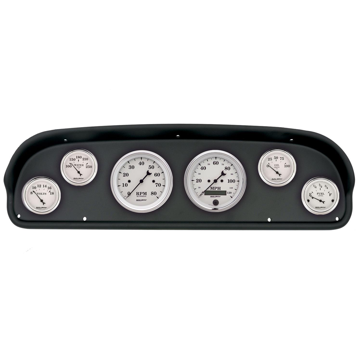 AutoMeter Old Tyme White Series Instrument Clusters for 1957-1960 F-100, F-250, F-350 - 2101-08 Gauge Kit, White, Analog, Speedometer, Tach, Oil, Water, Volts, Fuel, Black Numbers and Pointers, Black Panel, Ford, F100, Kit
