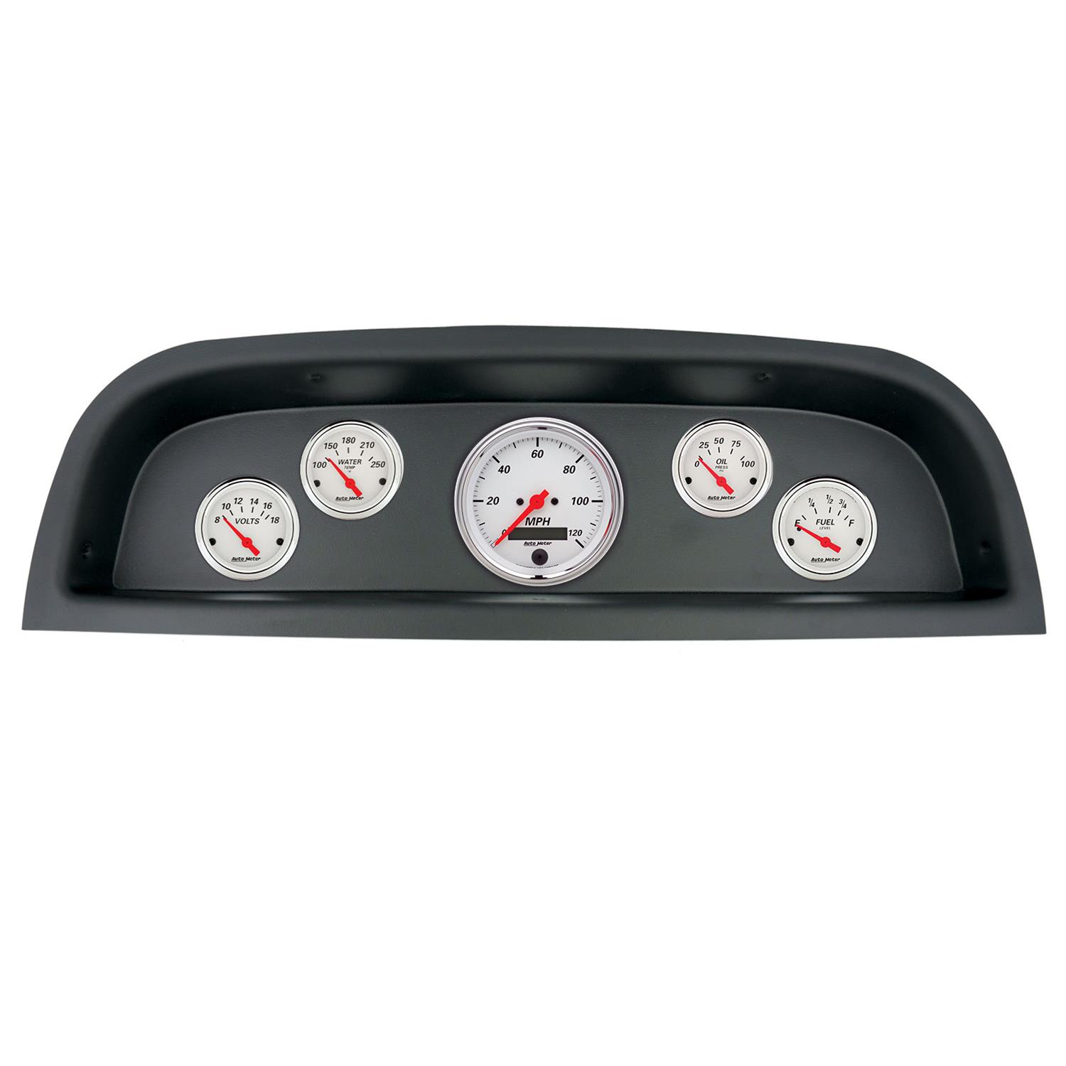 AutoMeter Arctic White Instrument Clusters 2102-03 Gauge Kit, Series, Analog, Speedometer, Oil, Water, Volts, Fuel, Black Numbers, Red Pointers, Black Panel, Chevy, Kit