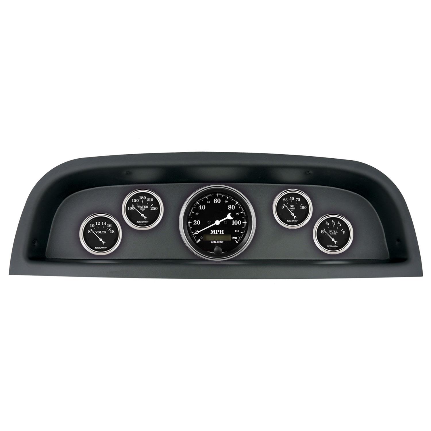 AutoMeter Old Tyme Black Series Instrument Clusters 2102-07 Gauge Kit, Black, Analog, Speedometer, Oil, Water, Volts, Fuel, White Numbers and Pointers, Panel, Chevy, Kit