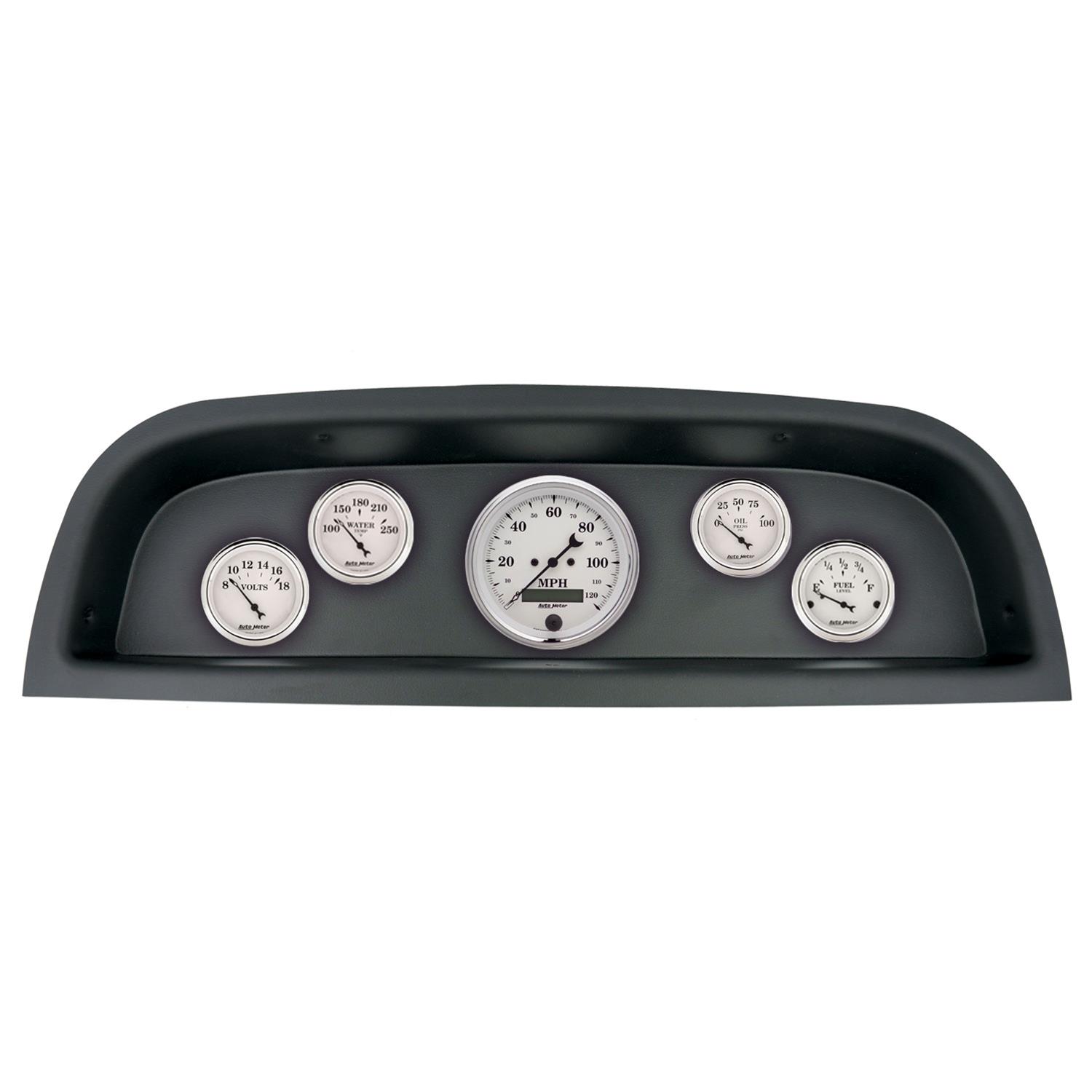 AutoMeter Old Tyme White Series Instrument Clusters 2102-08 Gauge Kit, White, Analog, Speedometer, Oil, Water, Volts, Fuel, Black Numbers and Pointers, Black Panel, Chevy, Kit