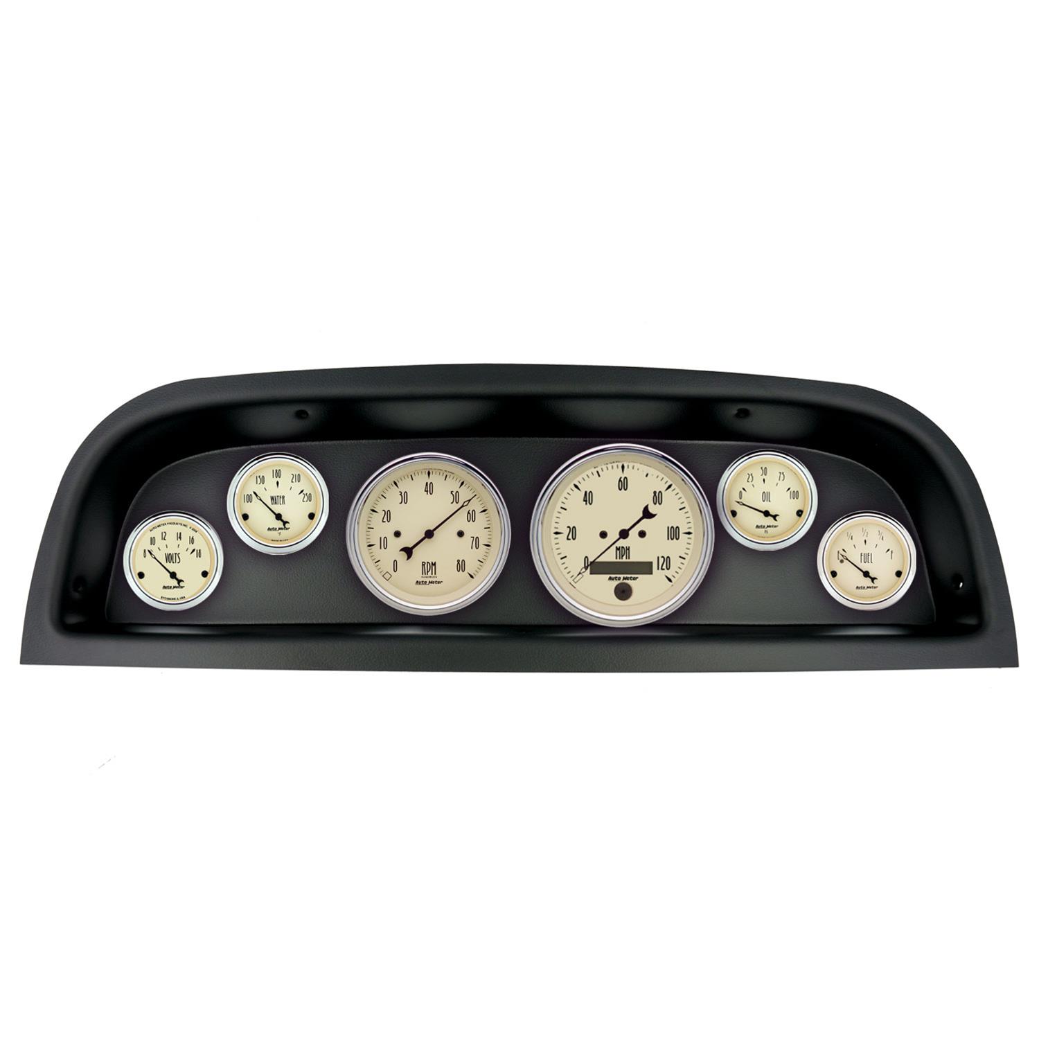 AutoMeter Antique Beige Instrument Clusters 2103-02 Gauge Kit, Series, Analog, Speedometer, Tachometer, Oil, Water, Volts, Fuel, Black Numbers and Pointers, Black Panel, Chevy, Kit