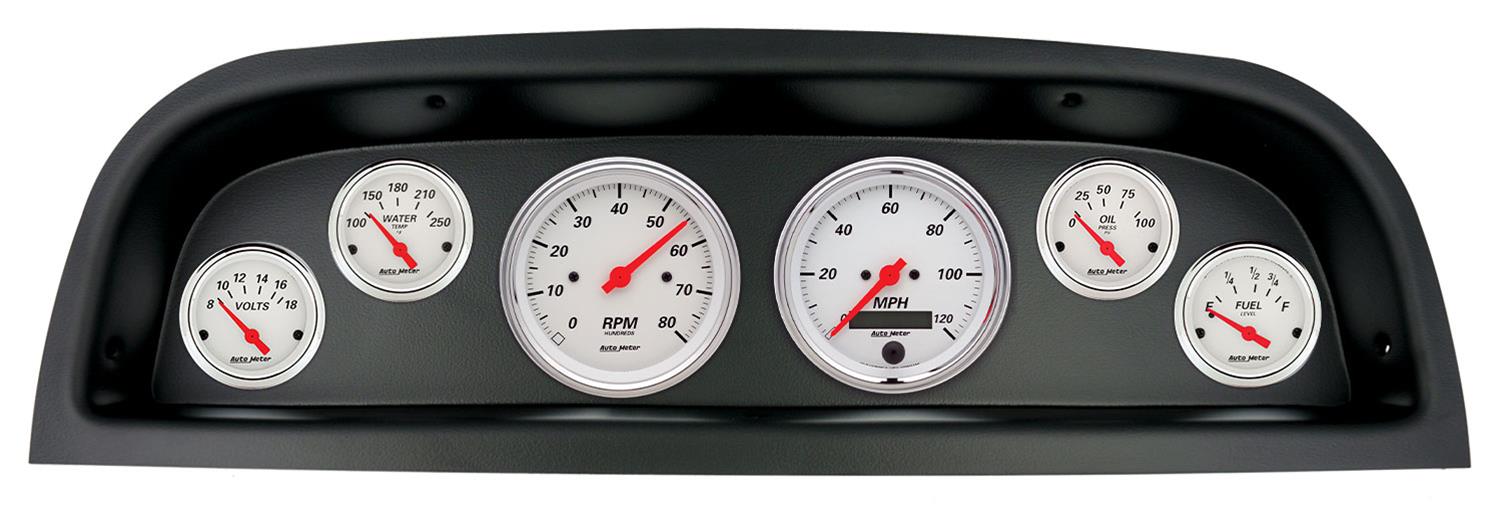 AutoMeter Arctic White Instrument Clusters 2103-03 Gauge Kit, Series, Analog, Speedometer, Tachometer, Oil, Water, Volts, Fuel, Black Numbers, Red Pointers, Black Panel, Chevy, Kit