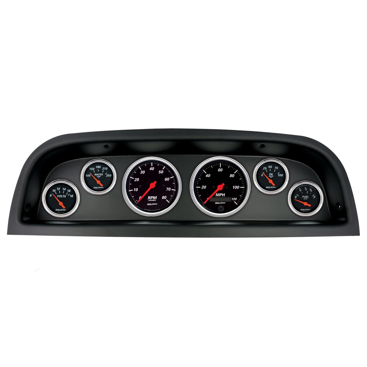 AutoMeter Designer Black Instrument Clusters 2103-06 Gauge Kit, Black, Analog, Speedometer, Tachometer, Oil, Water, Volts, Fuel, White Numbers, Red Pointers, Panel, Chevy, Kit