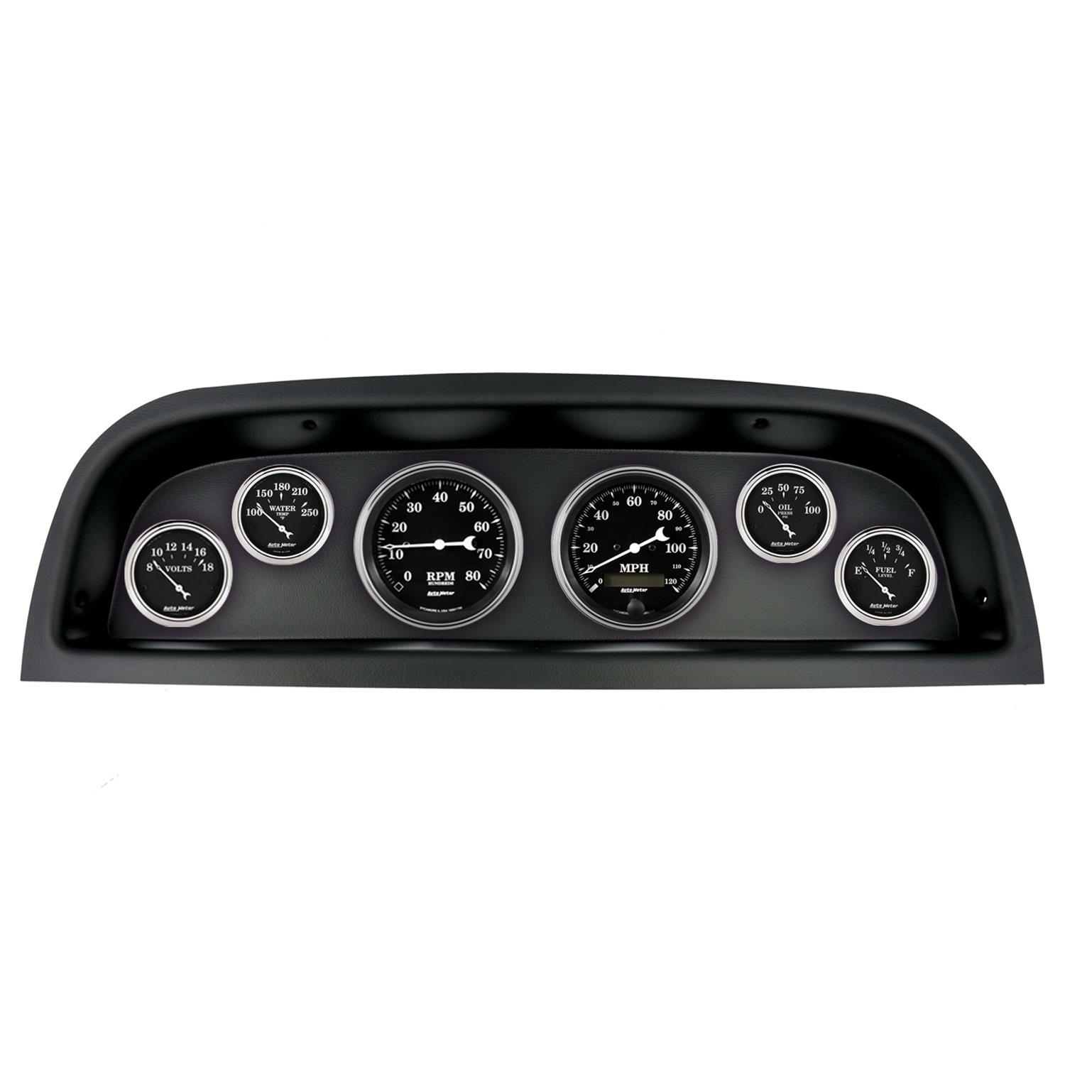 AutoMeter Old Tyme Black Series Instrument Clusters 2103-07 Gauge Kit, Black, Analog, Speedometer, Tachometer, Oil, Water, Volts, Fuel, White Numbers and Pointers, Panel, Chevy, Kit